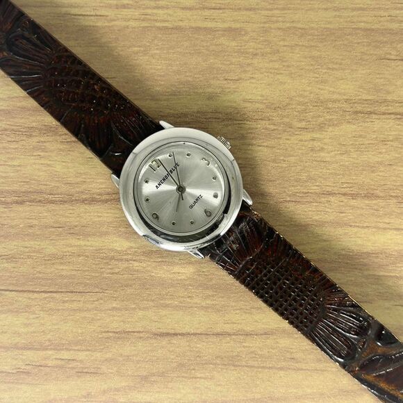 Anchor Blue Wristwatch Floral Brown Leather Buckle Band Silver Tone Face - Picture 1 of 5